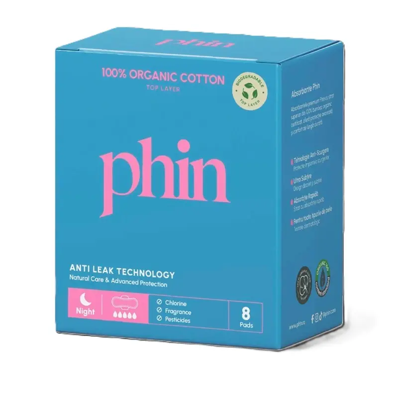 Absorbante de noapte cu bumbac organic (8 buc) – Phin