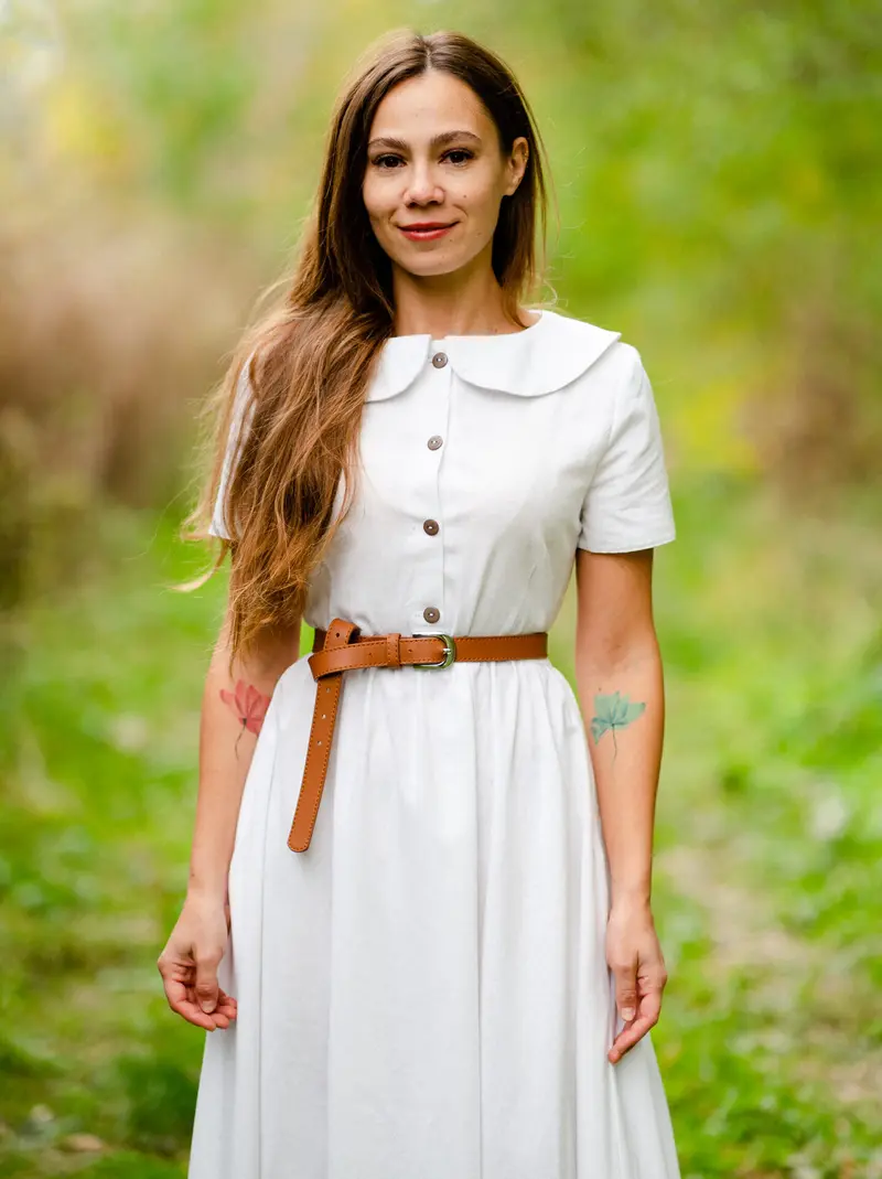 AMELIE – Rochie midi clasica din in cu maneca scurta si guler retro mediu