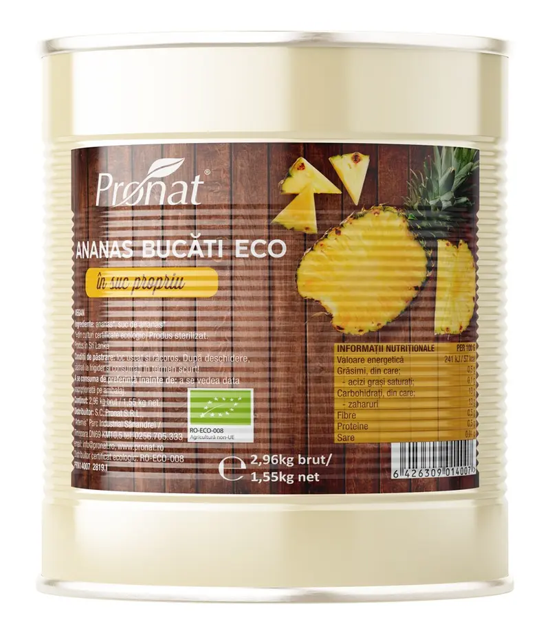 Ananas bucati bio in suc propriu 2.96kg Pronat