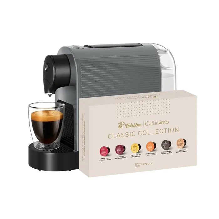 Aparat Cafea Tchibo Cafissimo Pure Plus Gri, Espressor + 60 Capsule Incluse