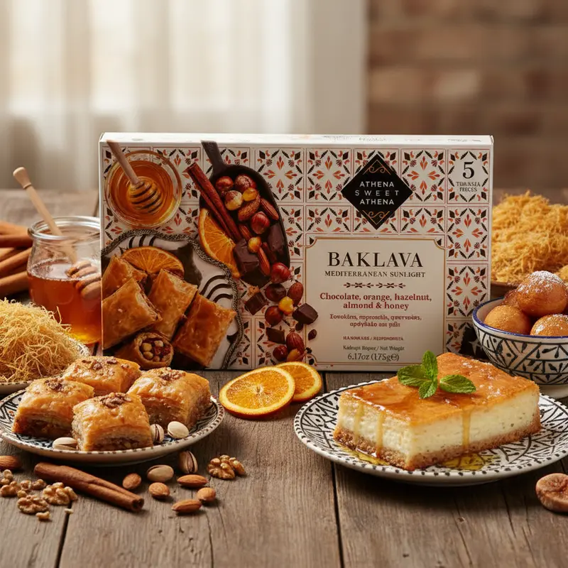 Baklava Mediterranean Sunlight ciocolată, portocală și alune, 175g – Athena Sweet Athena