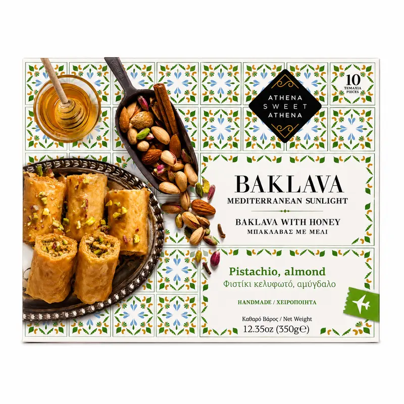 Baklava Mediterranean Sunlight fistic și migdale, 10 bucăți / 350g – Athena Sweet Athena