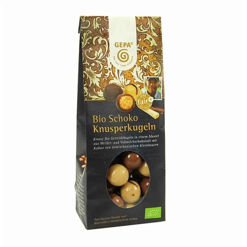Biluțe bio crocante glazurate cu 3 feluri de ciocolată, 100g Gepa