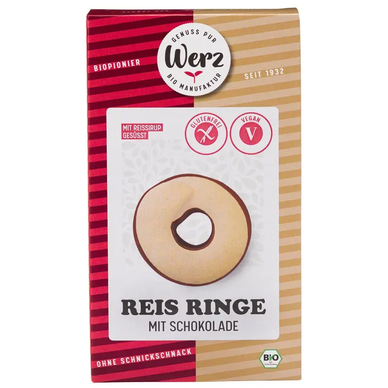 Bio Biscuiti din Orez Integral cu Glazura de Ciocolata Vegani Fara Gluten Werz 110 g