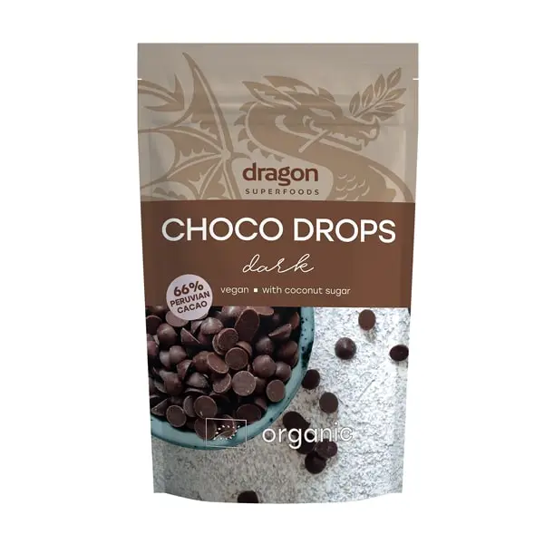 Bio Choco Drops cu Ciocolata Neagra Vegan Dragon Superfoods 250 g