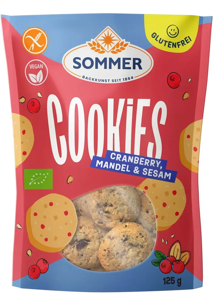 Biscuiti bio fara gluten cu merisor, migdale, susan si chia, 125g Sommer