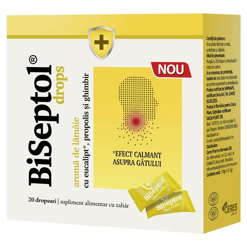 Biseptol drops cu aromă de lămâie 20 dropsuri – Dacia Plant