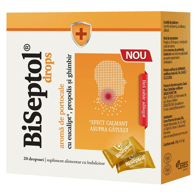 Biseptol drops cu aromă de portocale 20 dropsuri – Dacia Plant