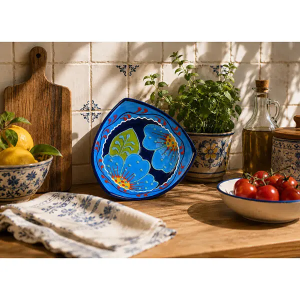 Bol cu 3 colțuri din ceramică artizanală spaniolă Flor Azul 10 x 5 cm