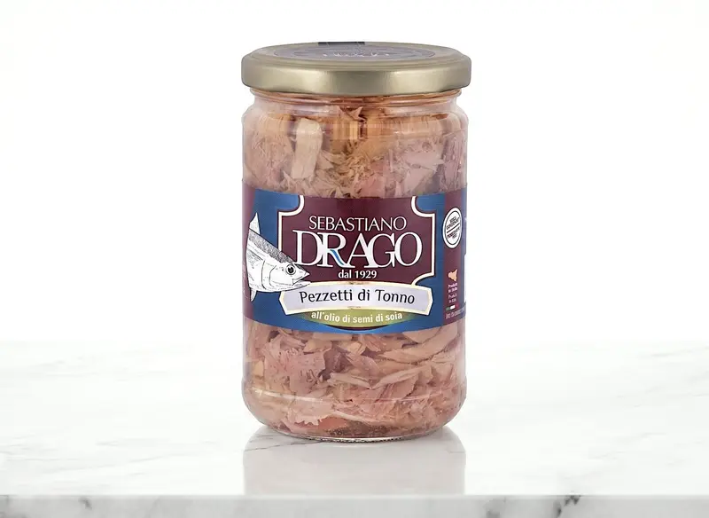 Bucăți de Ton Yellowfin, 300 gr, DRAGO, în ulei de soia, Sicilia
