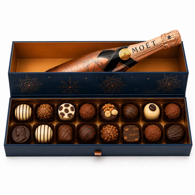 Cadou cu Moët și praline belgiene Bruyerre