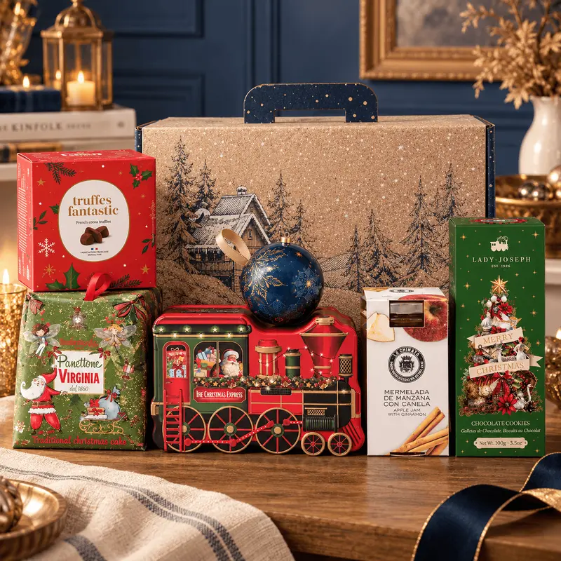 Cadou de Crăciun Trenuleț cu praline, trufe Mathez și mini panettone