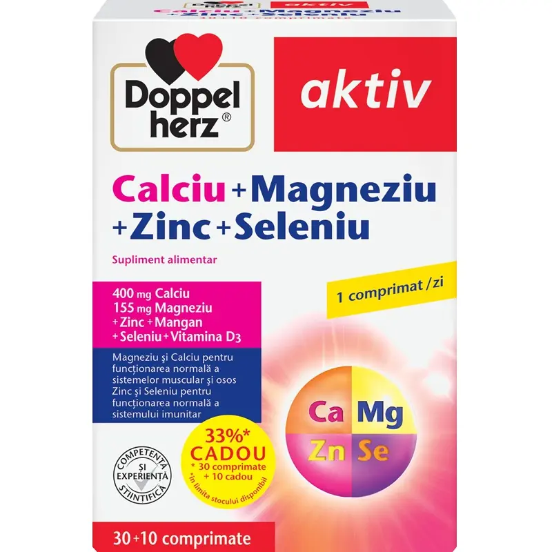 Calciu, Magneziu, Zinc 30 + 10 comprimate cadou – Doppel Herz
