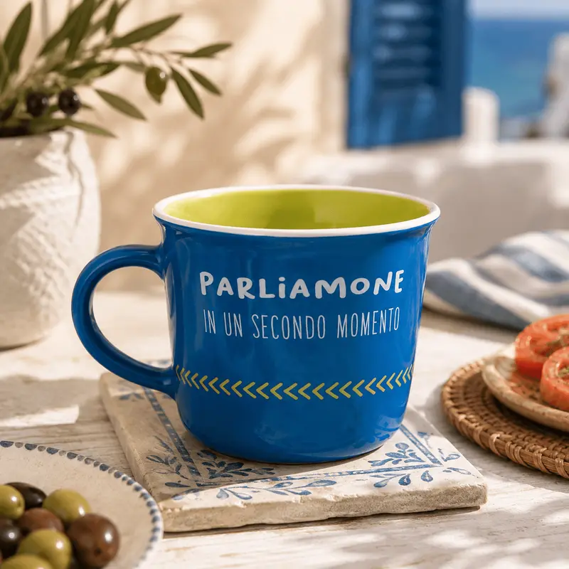 Cană din porțelan, 350 ml — decor colorat bleu cu mesaje