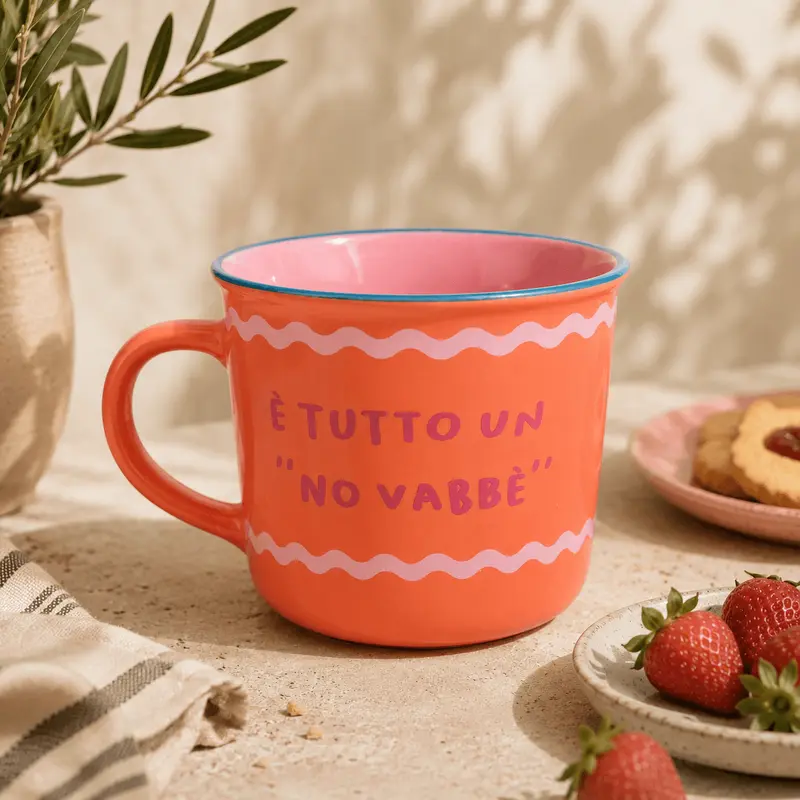 Cană din porțelan, 350 ml — decor portocaliu colorat cu mesaje
