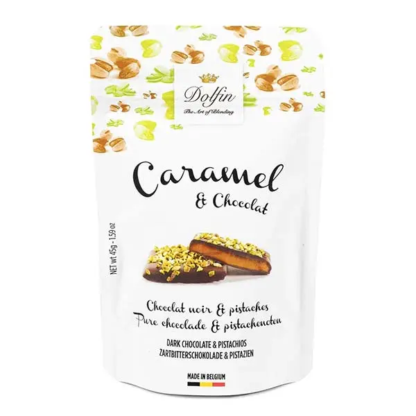 Caramele învelite în ciocolată neagră și fistic prăjit 45g Dolfin