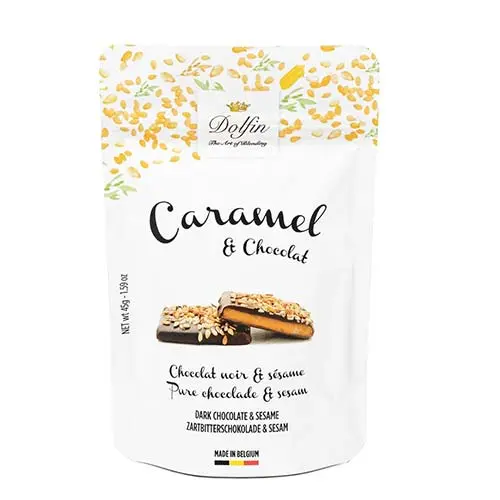 Caramele învelite în ciocolată neagră și susan 45g Dolfin