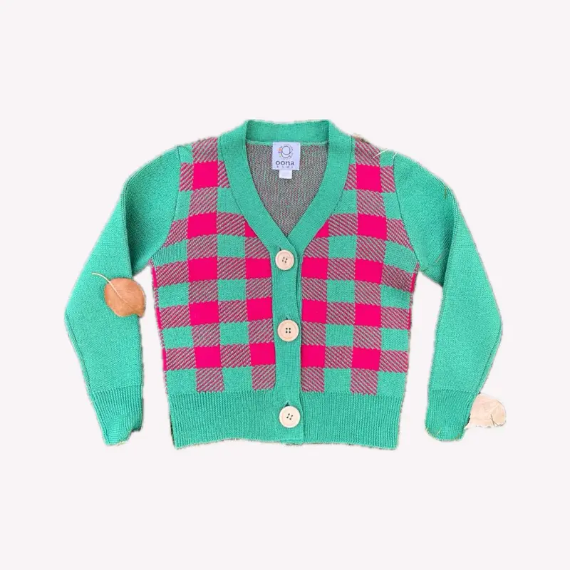 Cardigan Jacquard verde+ciclam din lana merinos