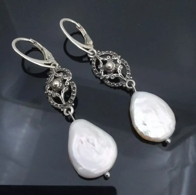 Cercei din argint si perle, cercei argint, cercei statement, cercei handmade