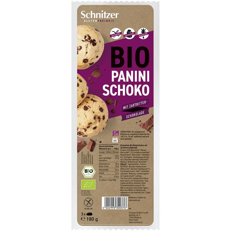 Chifle bio panini cu ciocolata 3 bucati fara gluten, 180g | Schnitzer