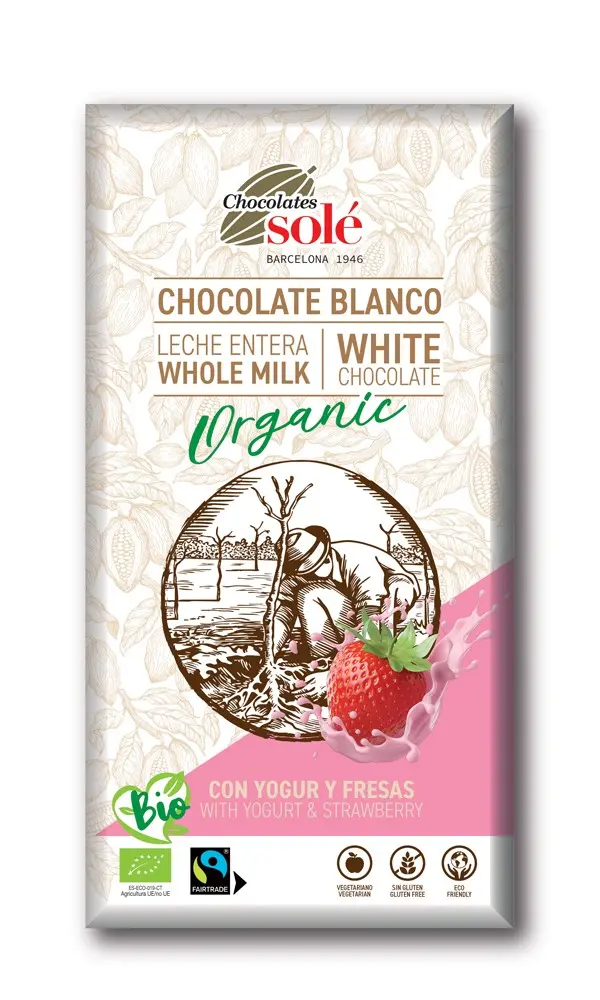 Ciocolata alba bio cu iaurt si capsuni, 100g Chocolates Sole