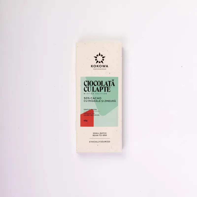 Ciocolată bean-to-bar cu lapte, migdale și zmeură 50% cacao (Winter Edition)