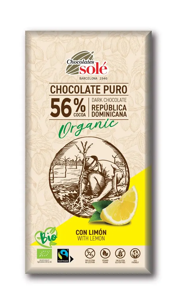 Ciocolata bio cu lamaie 56% cacao, 100g Chocolates Sole