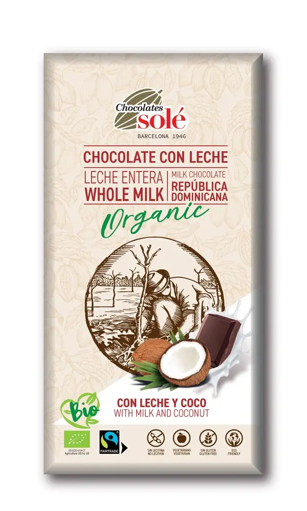 Ciocolata cu lapte si cocos bio si fairtrade, 100g Chocolates Sole