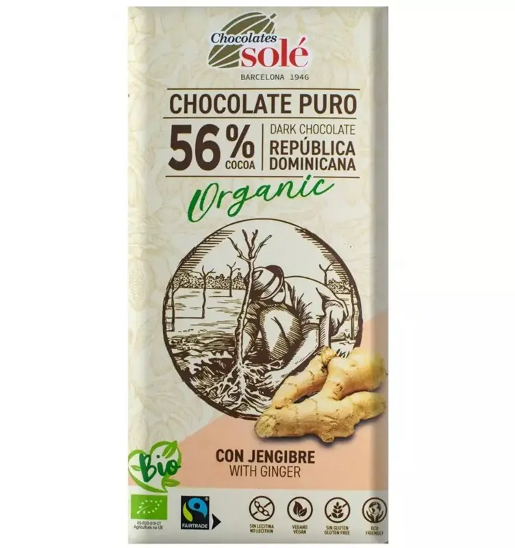Ciocolată neagră 56% cacao ghimbir eco 100 g – Chocolates Solé