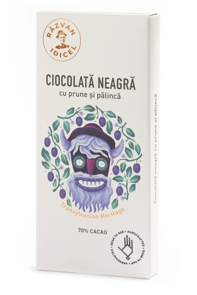 CIOCOLATĂ NEAGRĂ 70% CACAO CU PRUNE ȘI PĂLINCĂ 80G RĂZVAN