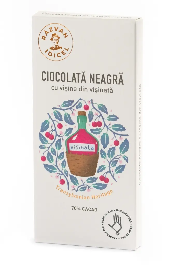 CIOCOLATĂ NEAGRĂ 70% CACAO CU VIȘINE DIN VIȘINATĂ 80G RĂZVAN