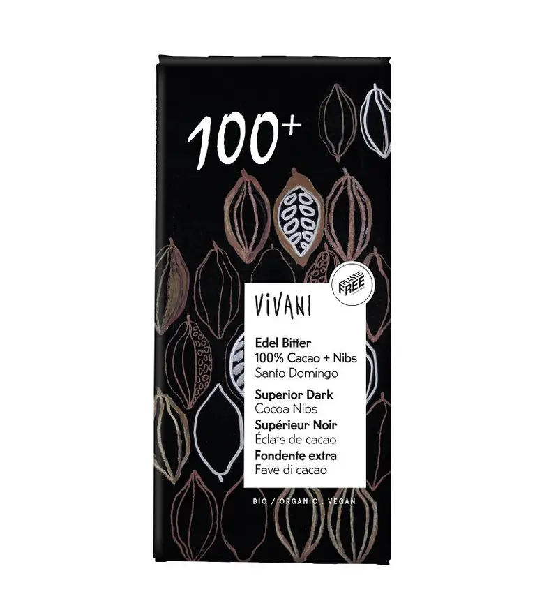 Ciocolata Neagra Bio cu Miez de Boabe de Cacao 100 % Vivani 80 g