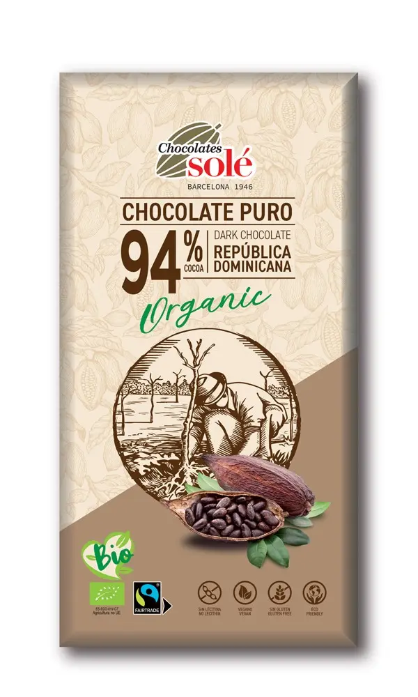 Ciocolata neagra bio si fairtrade 94% cacao, 100g Chocolates Sole