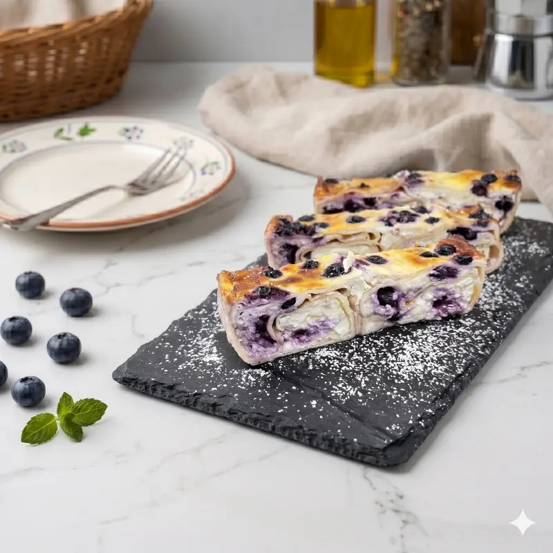 Clătite gratinate cu brânză dulce și afine