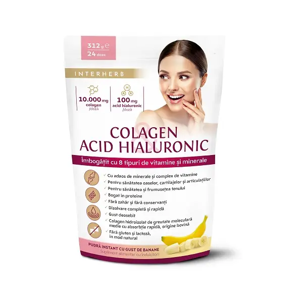 Colagen și Acid Hialuronic banane pulbere 312 g – Interherb