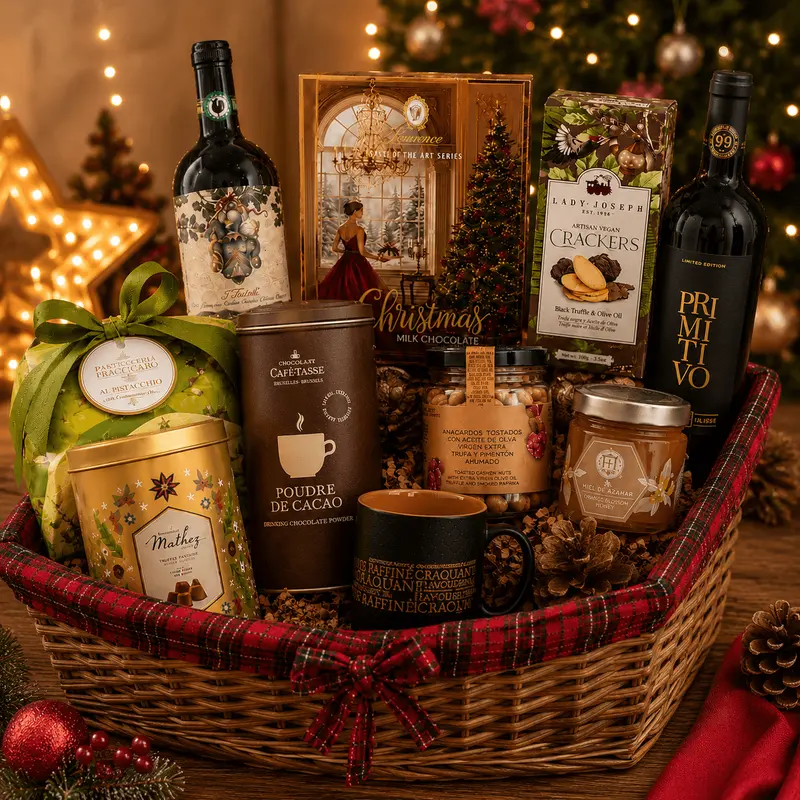 Coș cadou de Crăciun cu panettone, trufe de ciocolată și vin roșu