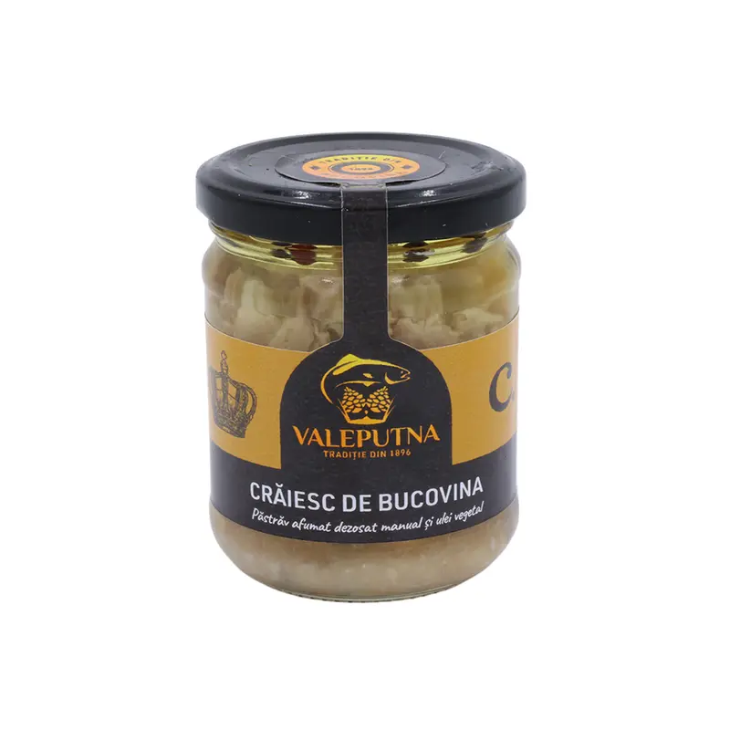 Crăiesc de Bucovina 210 g – păstrăv afumat în ulei cu mirodenii naturale