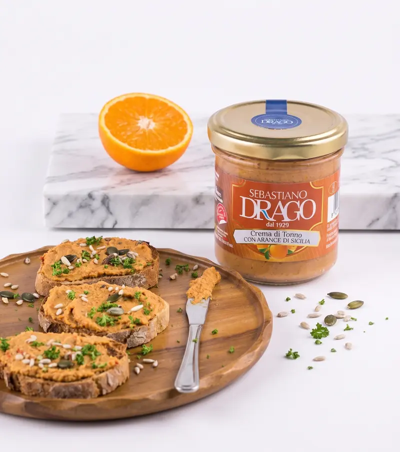 Cremă de Ton cu Portocale, 130 gr, cu ulei de măsline, Sicilia, DRAGO