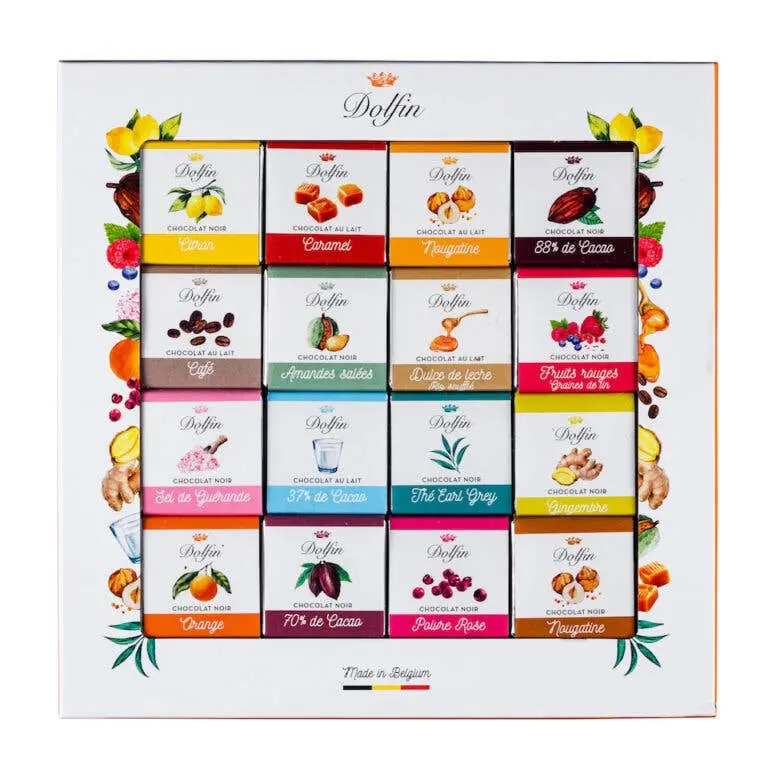 Cutie cu 48 de mini tablete de ciocolată, 16 arome, 240g Dolfin