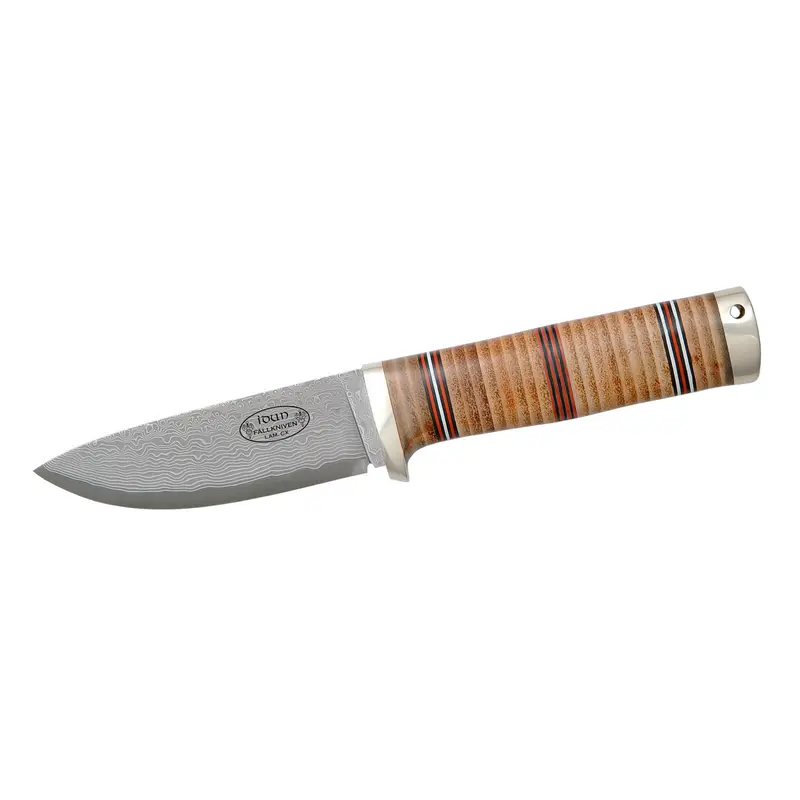 Cutit de vanatoare,otel lama Cowry X Damascus, maner de piele, teaca de piele, FALLKNIVEN NL5CXL