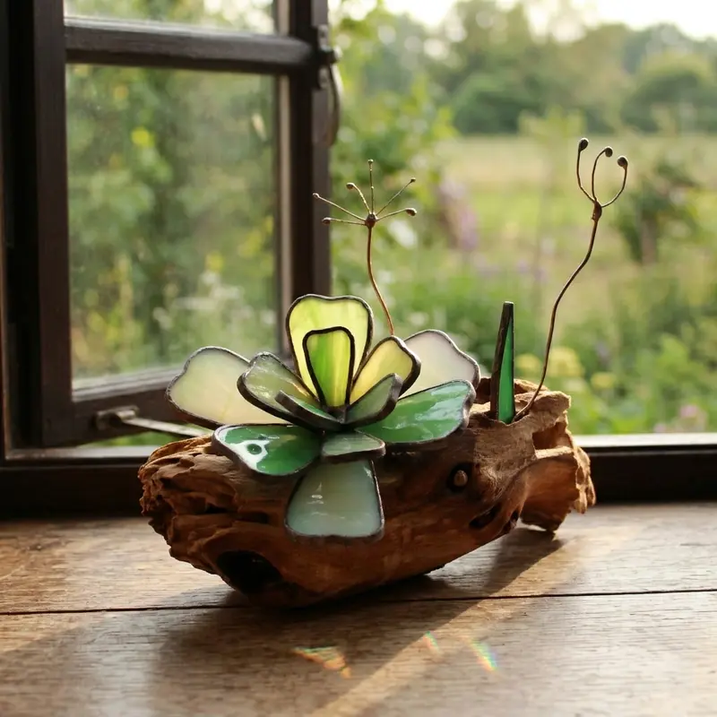 Decor Vitraliu Suculentă pe rădăcină lemn natural 20 cm