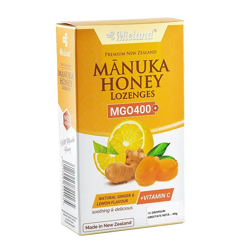 Dropsuri manuka, ghimbir și lămâie 15 dropsuri, 69 g – Mieland