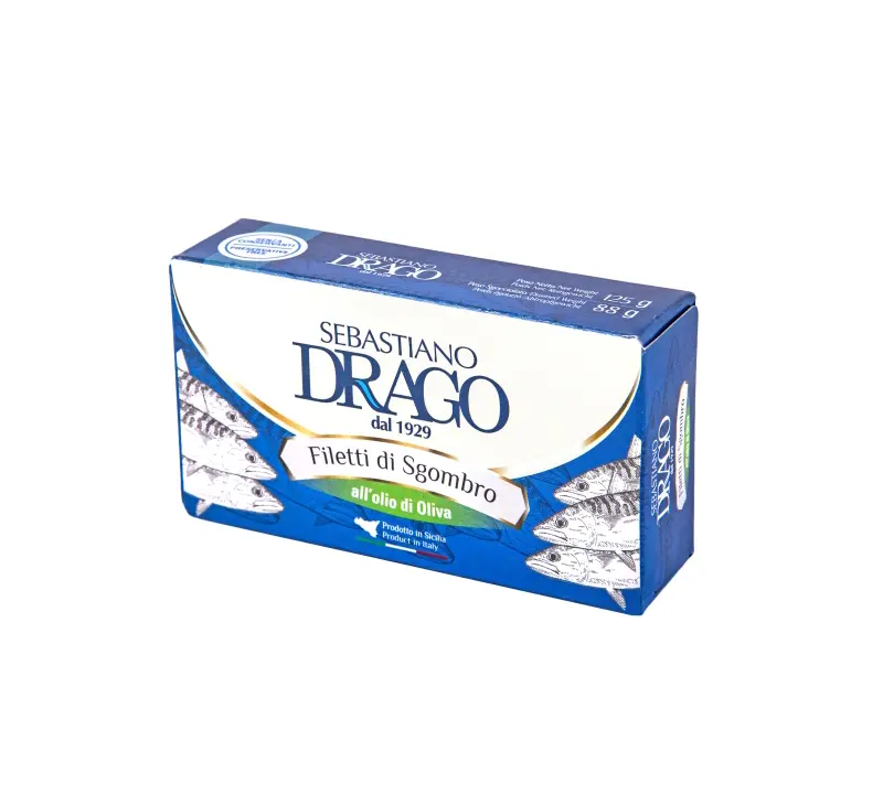 Fileuri de Sgombro, 125 gr, conserva de Macrou, pește în ulei de măsline, DRAGO