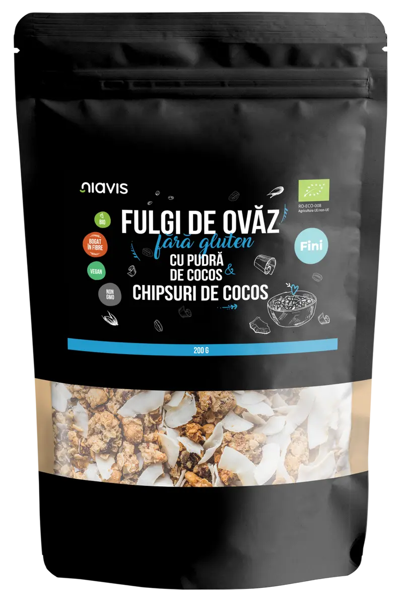 Fulgi de Ovaz Fini Fara Gluten cu Lapte Praf de Cocos si Chipsuri de Cocos Ecologici/Bio 200g