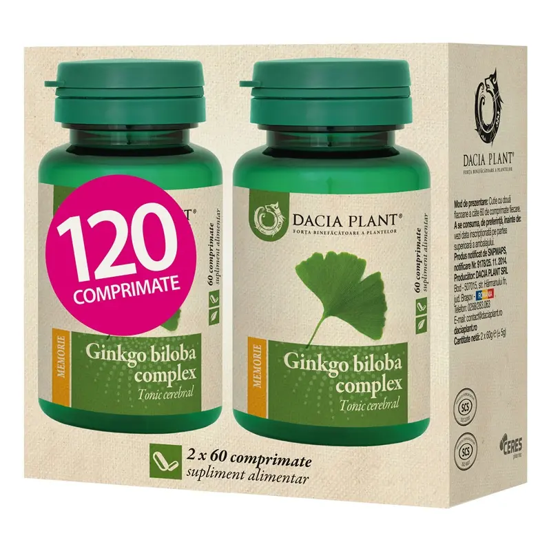 Ginkgo biloba 120 comprimate, 2 × 60 – Dacia Plant - Memorie