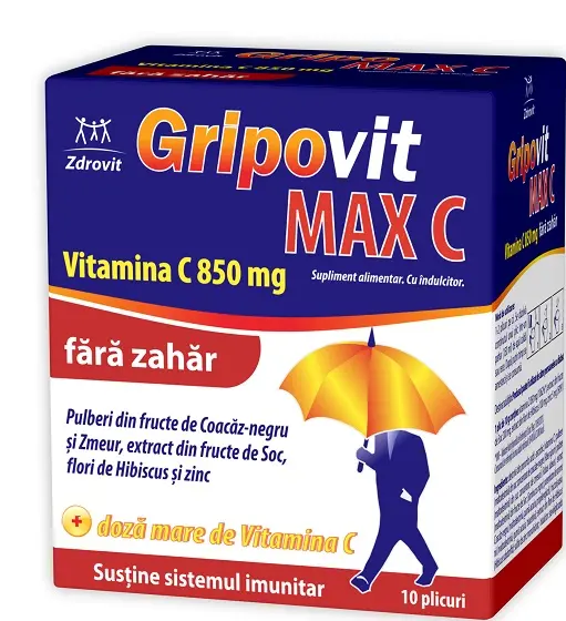 Gripovit Max C Hot Lemon fără zahăr 10 plicuri – Zdrovit