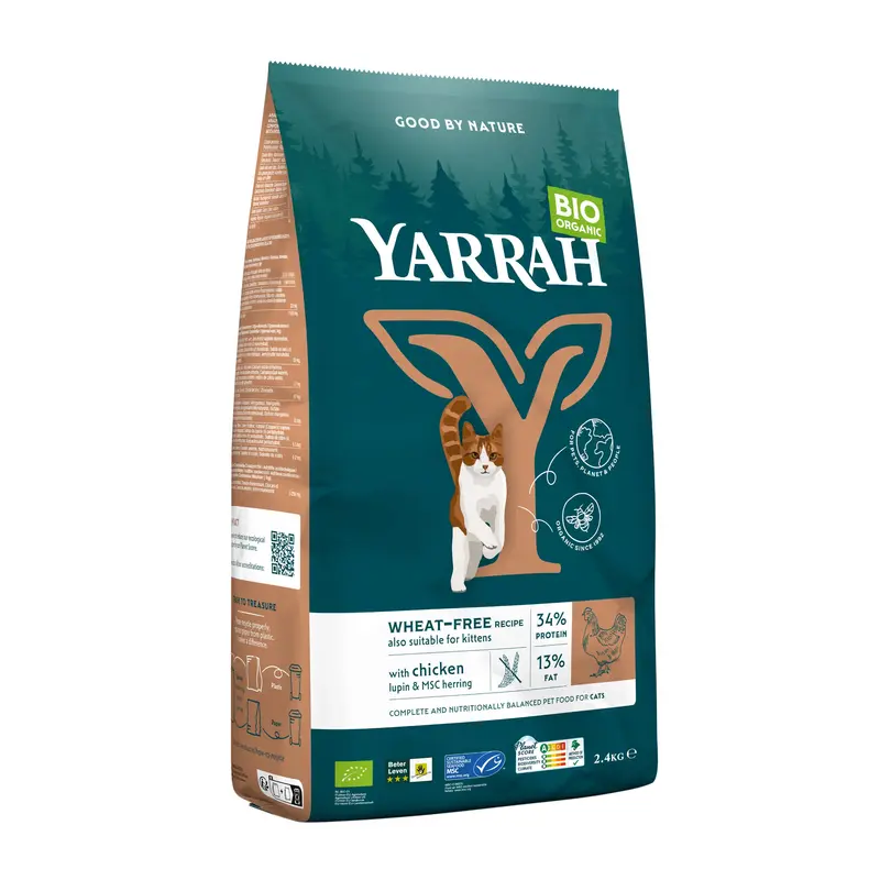 Hrana uscata bio pentru pisici, cu peste, 31% proteina si 14% grasimi, fara cereale, 2.4kg Yarrah