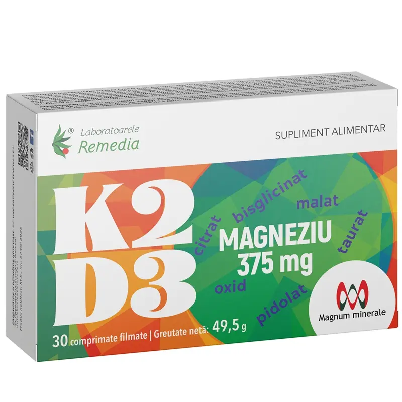 K2 + D3 + Magneziu 375 mg 30 comprimate filmate – Remedia