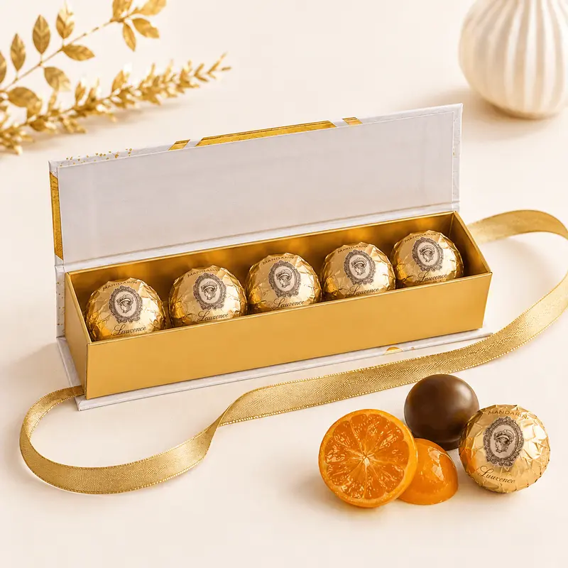 Laurence Chocolate penar auriu Apogee cu 5 mandarine în ciocolată neagră