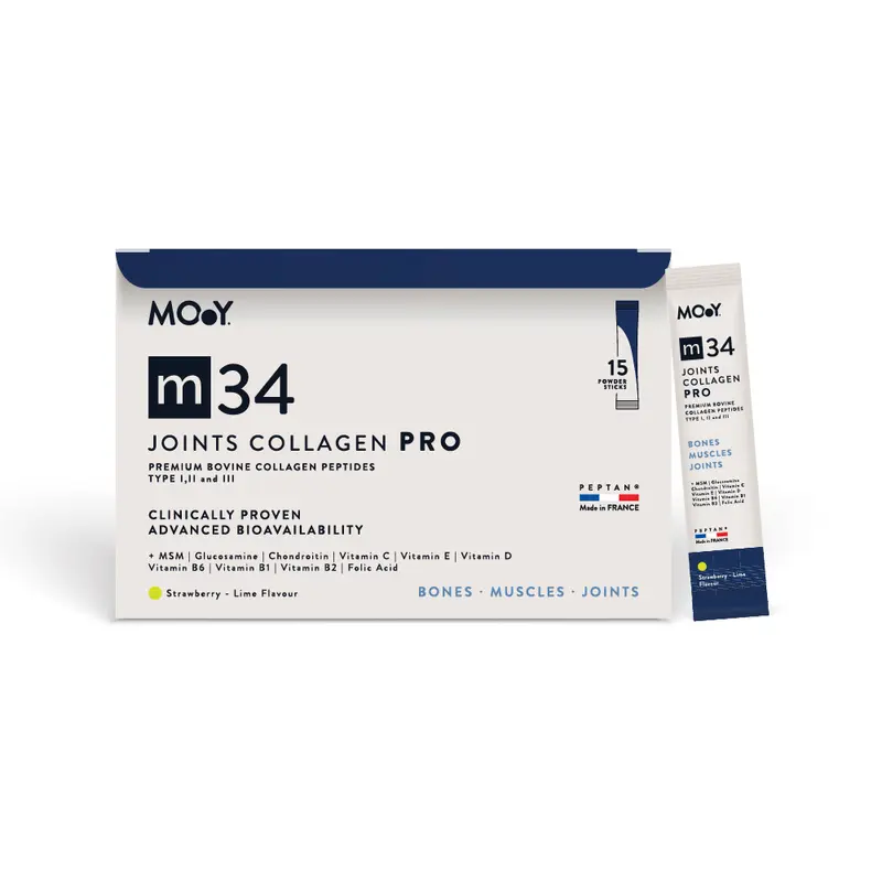 m34 PRO Colagen hidrolizat bovin premium monodoza, dovedit clinic, articulatii, 7.000mg tip I, II si III, aroma capsuni si lime, 15 plicuri, 195 g, Molecules of Youth, natural